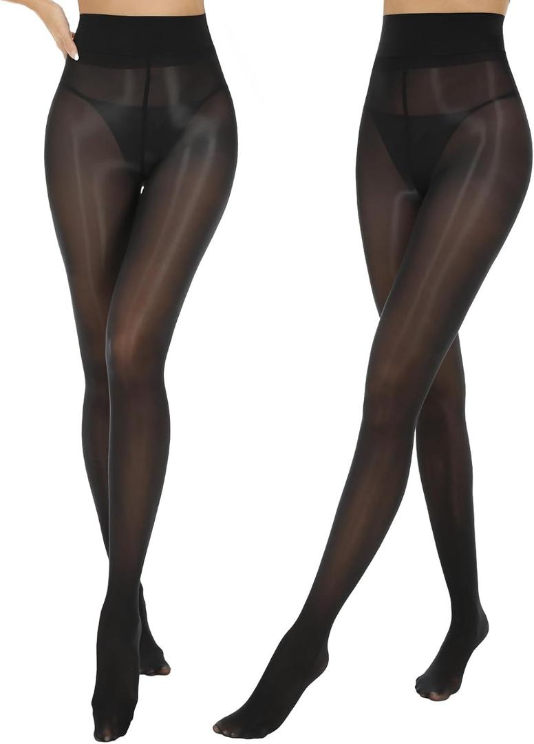Aaronano 2 Pairs Shiny Pantyhose for Women High Waist Silk Oil Shimmer Sheer Tights(Black, L-XL)