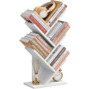 Hoctieon 4 Tier Tree Bookshelf, 4 Shelf Bookcase, Free Standing Tree Bookcase, Display Floor Standing Shelf for Books, Book Organizer Shelves for Home Office, Living Room, Bedroom, White