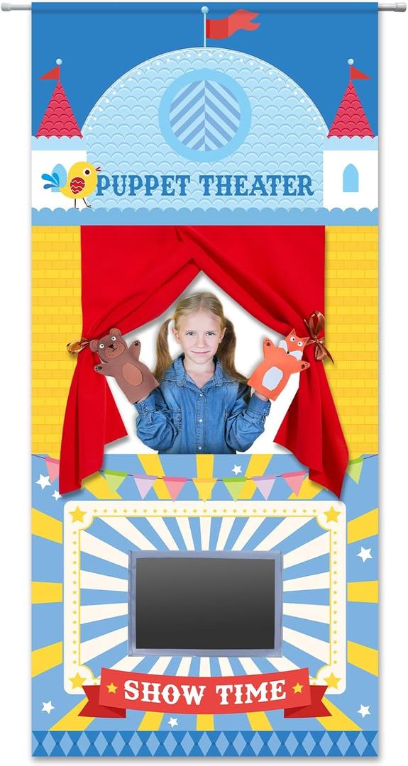 gisgfim Doorway Puppet Theater with 2 Adjustable Rods 31x67 In Blue Red Foldable Hanging Puppet Show Theater for Kids Pretend Play Hand Puppets Educational Kids Activities Toys Easy to Set Up Put Away