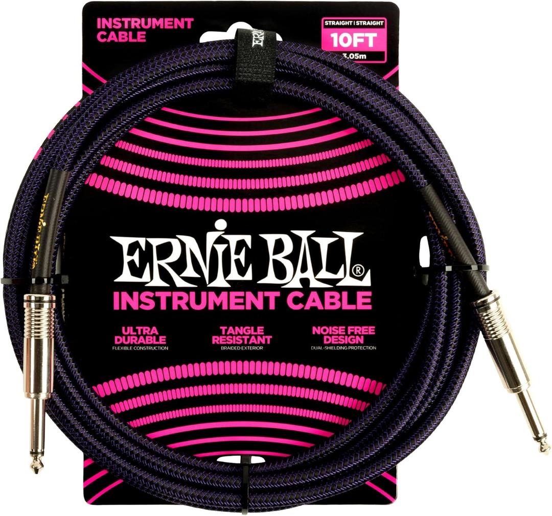 Ernie Ball Braided Instrument Cable, Straight Straight, 10ft, Purple/Black