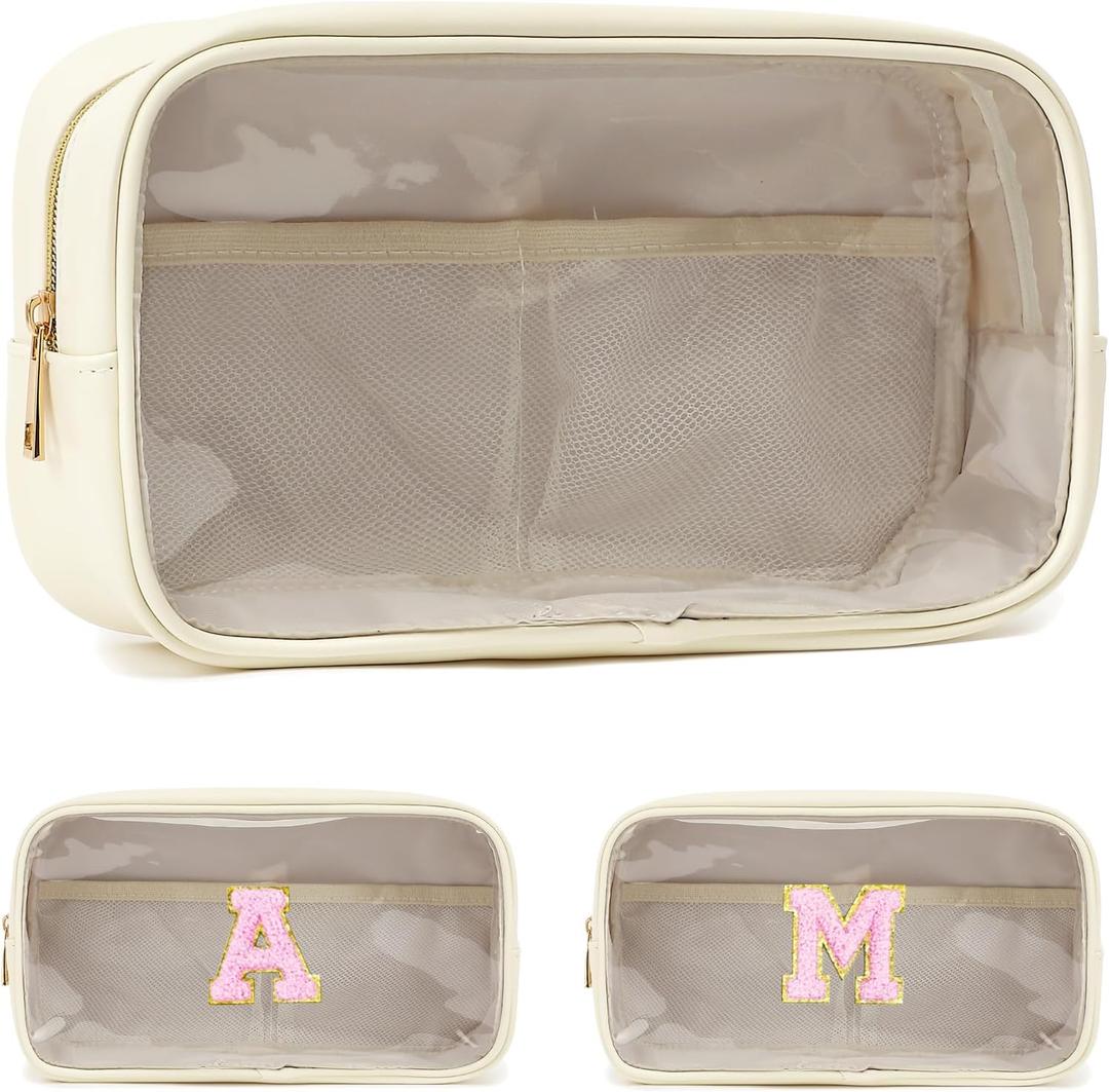 Fammart Clear Makeup Bag with 2 Customizable Chenille Letters - Waterproof PU Leather Cosmetic Case, Large Personalized Toiletry Pouch for Women & Teens, Ideal for Travel & Gift