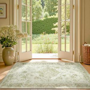 jinchan Washable Area Rug 3x5 Entryway Rug - Distressed Spring Floral Low-Pile Soft Non Slip Indoor Floor Carpet for Kitchen Bedroom Entrance Laundry Living Room(3x5ft, Sage Grey)