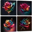 Colorful Rose Wall Art Abstract Graffiti Rainbow Flower Canvas Prints Pictures Bedroom Decor 12x12" 4 Pcs Modern Watercolor Black Background Paintings Artwork for Living Room Bathroom Home Decorations (12L" x 12W")