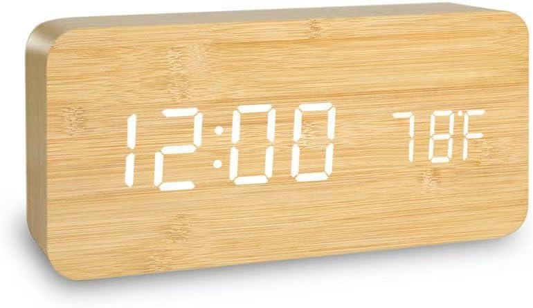 Battery Powered Digital Clock for Bedroom and Living Room Decor, Nightstand Clock with Voice Control Function Dual Display Time(12/24h) and Temperature(C/F), Office Wood Dcor(Wooden)