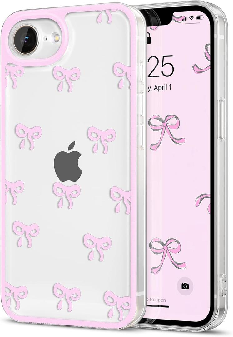 EYZUTAK Case for iPhone 16e, Clear Cute Ribbon Bowknot Pattern Aesthetic Transparent Phone Case Raised Camera Protection Stylish Slim Soft Durable TPU Protective Cover for Women Girls - Pink