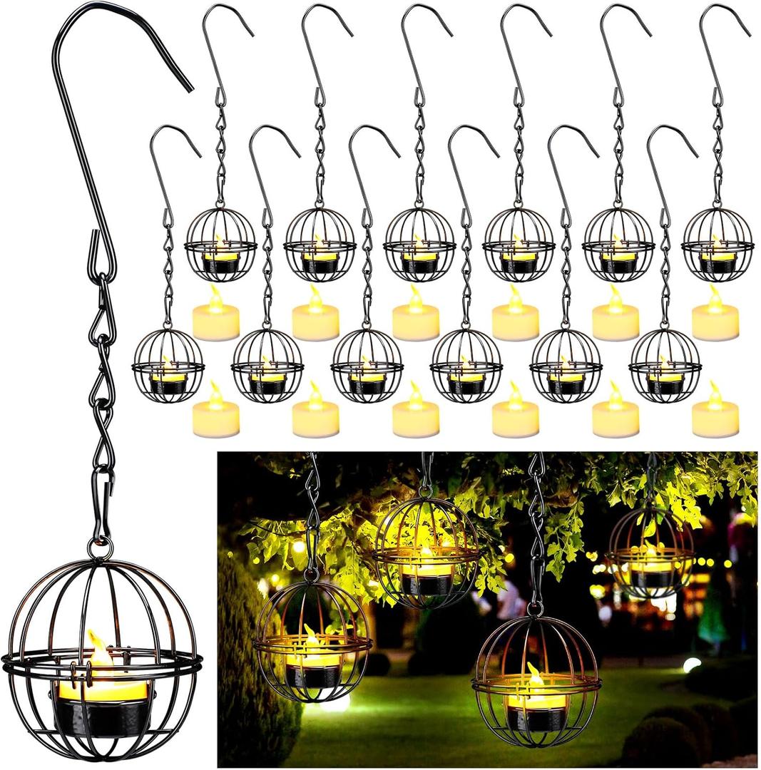 Retisee 12 Set Hanging Tealight Candle Holder Outdoor Hanging Vintage Lanterns Candle Holder with Tea Lights for Home Garden Backyard Pergola Patio Umbrella Tree Window Decor