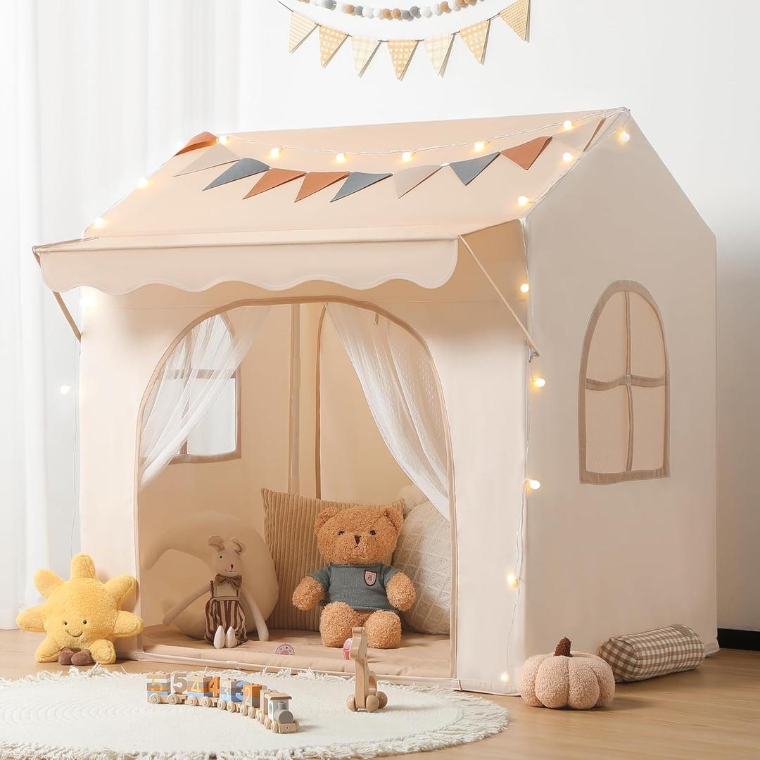 besrey Kids Play Tent with Eave, Toddler Tent 2 in 1 with Padded Mat and Lights, Large Playhouse with 2 Doors & 2 Windows, Indoor & Outdoor, Christmas Toddler Playhouse, 51" x35" x 47"