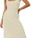 Womens Striped Bodycon Long Dress 2025 Summer Sleeveless Square Neck Ribbed Knit Tank Dress (XL)