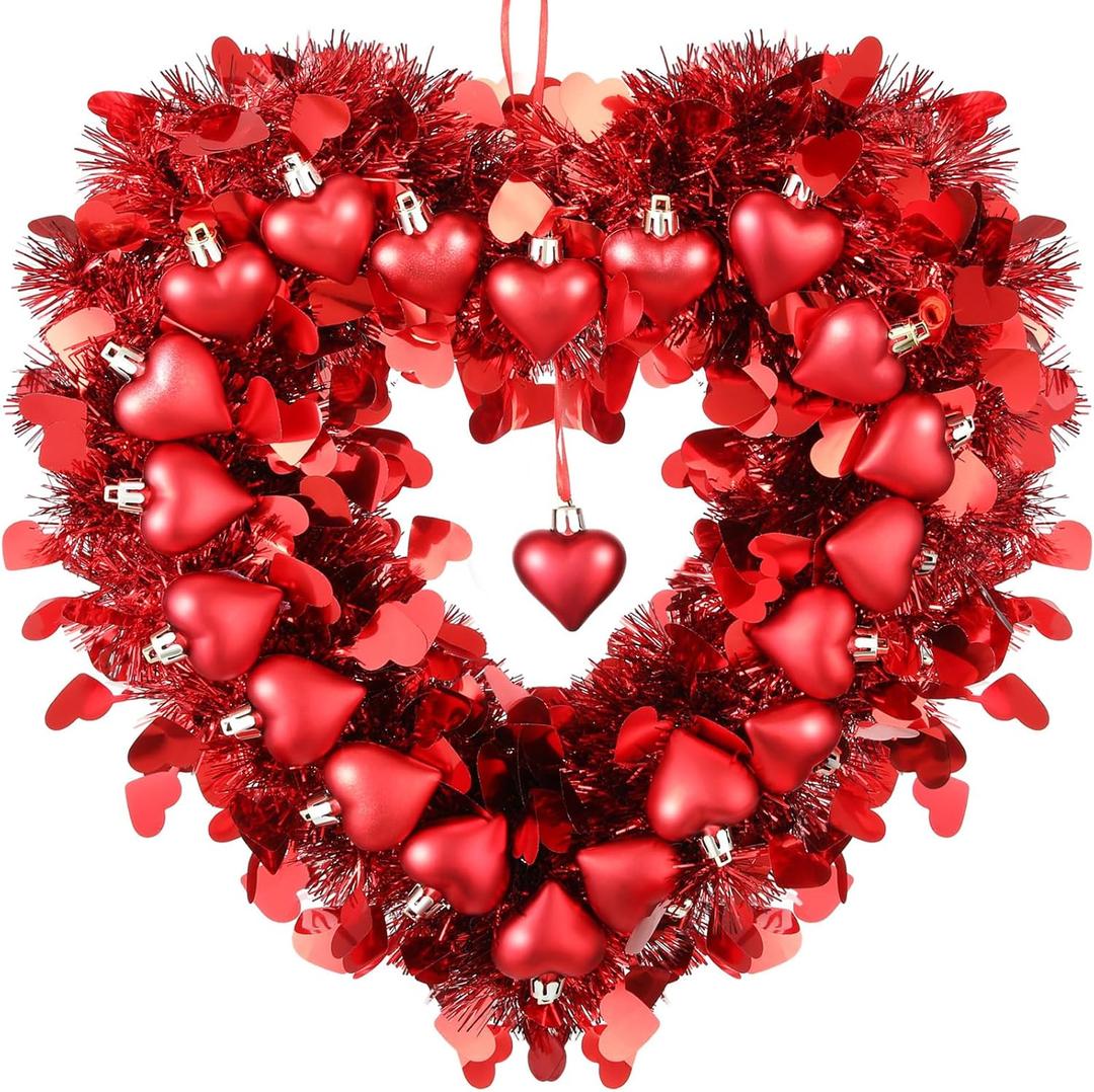 Hotop Valentines Wreath for Front Door Valentines Heart Shaped Tinsel Garland Hanging Heart Wreath Decor for Home Birthday Wedding Party Decoration Supplies(Red)