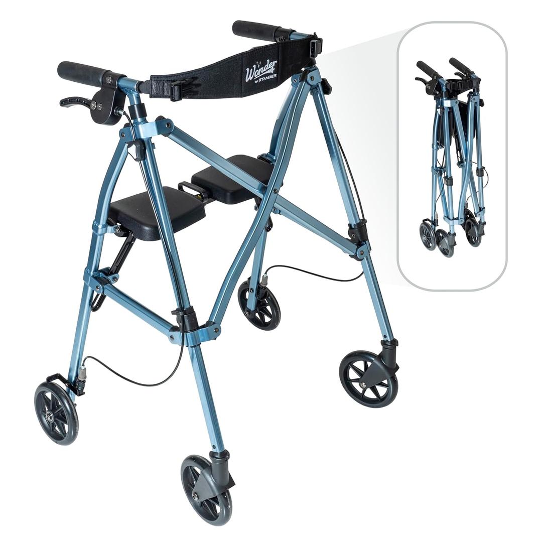 Stander Space Saver Rollator, Lightweight Folding Rolling Walker with Seat for Seniors & Adults, 4-Wheel Mobility Aid with 6-inch Wheels, Locking Brakes & Padded Seat with Backrest, Cobalt Blue