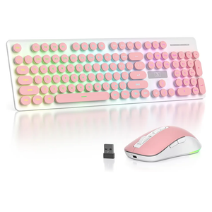Backlit Pink Keyboard and Mouse Wireless, 2.4GHz Light Up Typewriter Rechargeable Quiet Keyboard Cordless with USB Receiver for PC/Laptop(Pink)