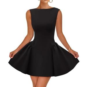 ZESICA Women's 2025 Summer Sleeveless Cocktail Mini Dress Boat Neck Backless Swing A Line Wedding Club Party Short Dresses M