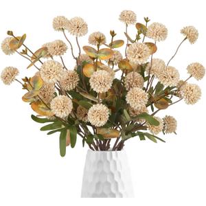 8 Stems Faux Kiku Flower with 3 Branches Eucalyptus Stems,Beige Fake Chrysanthemum Flowers Artificial Silk Pom Pom Balls for Wedding Bouquet Home Office Party Floral Arrangements(Beige)