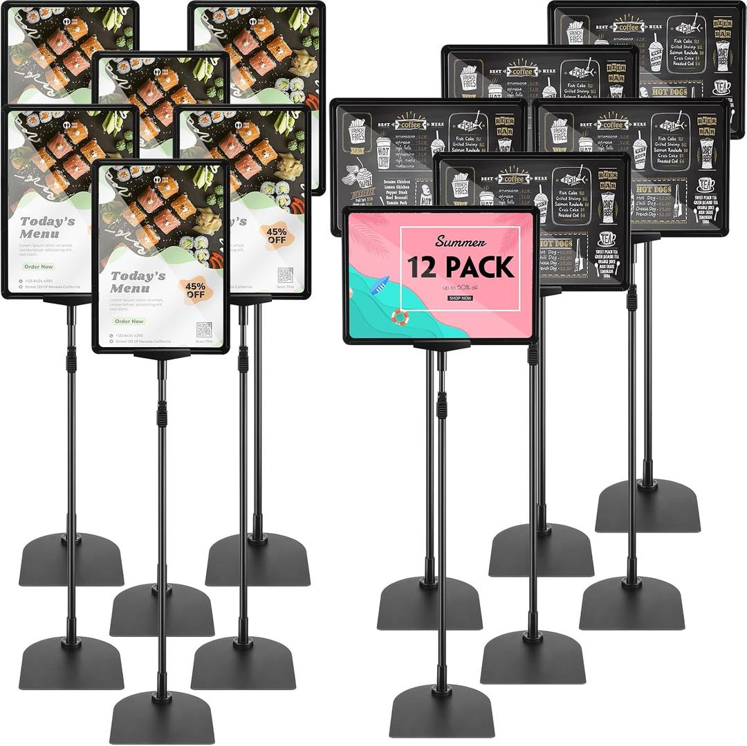 Wesiti 12 Pack Adjustable Poster Stand Holder Floor Standing Display Sign Holder for Advertising Business Menu Stand Vertical and Horizontal View Sign Displayed Black (8.5 x 11 Inch)