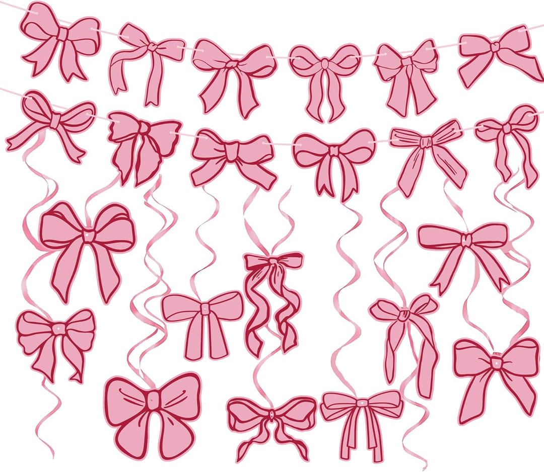 Pink Bow Birthday Decorations,Bow Banner and Hanging Swirls Decor for Coquette Baby Shower Bridal Bachelorette Party Decor