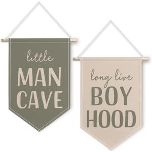 ChissNook Retro Green Boys Nursery Canvas Banner Set of 2, Little Man Cave Long Live Boyhood Hanging Pennant Banner Flags Wall Display, Nursery Wall Decor for Kids Boys Room Bedroom Playroom