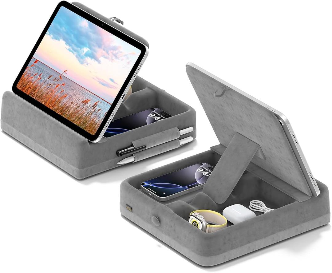 KDD Tablet Pillow Stand with Storage, Foldable iPad Holder for Bed, Lap and Desk, Angle Adjustable Soft Pad Dock with Stylus Mount Compatible with Ipad Pro 12.9, 10.5, 11, Air, Mini, Phones, Books, Light Gray