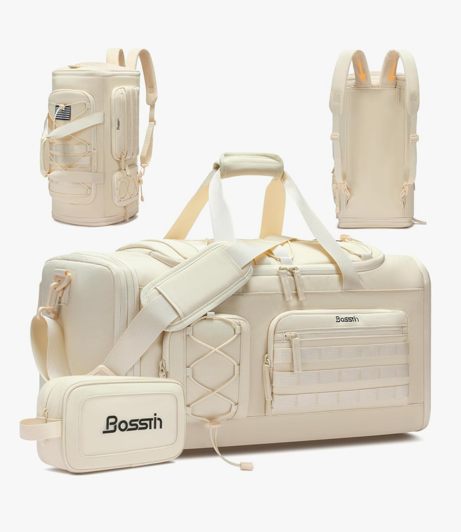 Bosstin Gym Bag for Men & Women,45L Travel Duffle Sports Duffel Bag Gym Weekender Overnight Backpack with Shoe Compartment (4Beige)