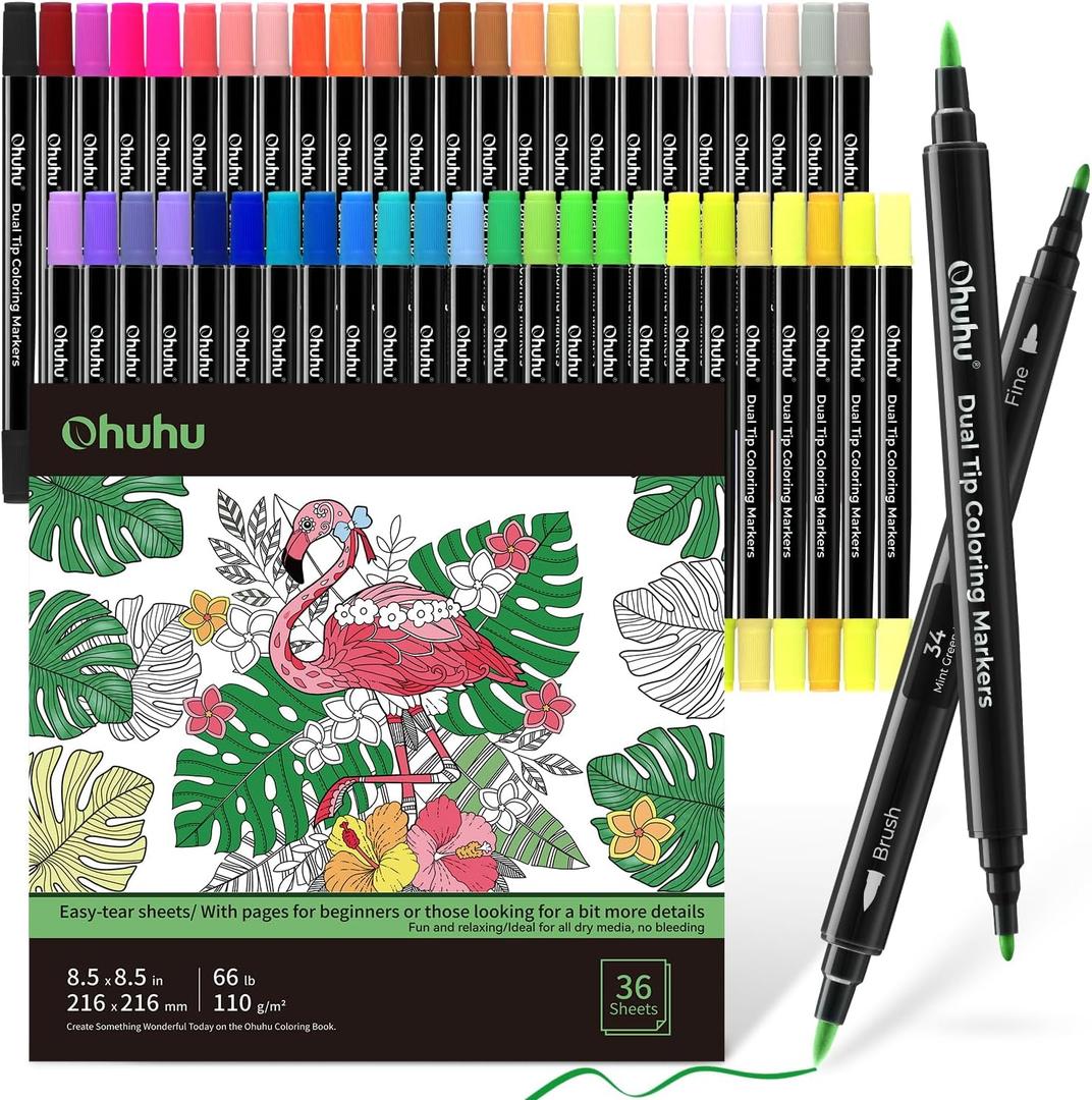 Ohuhu Markers Brush Tip 48-colors with 36-sheet Coloring Book - Double Tipped Markers for Adults Coloring Books - Art Marker Set Bundles with 100% Bleed-proof Pages - Fine & Brush Dual Tips, 48 Colors & 36 Pages Diverse Coloring Book