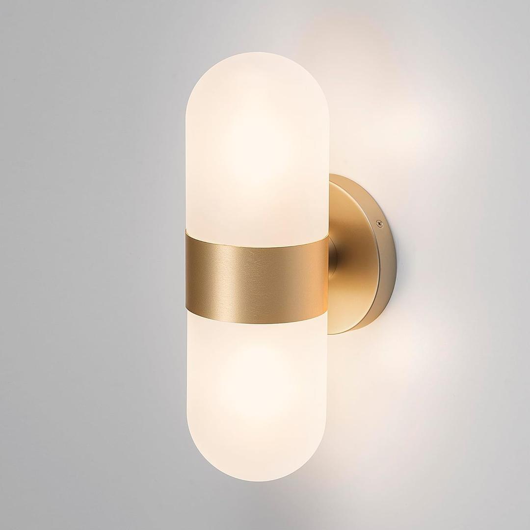 Tubicen Mid Century Modern Wall Sconce Gold Art Deco Bathroom Sconces Frosted Glass Shade 12.5" H Dimmable Single Vanity Light for Bathroom Living Room Bedroom E12 Bulb Base