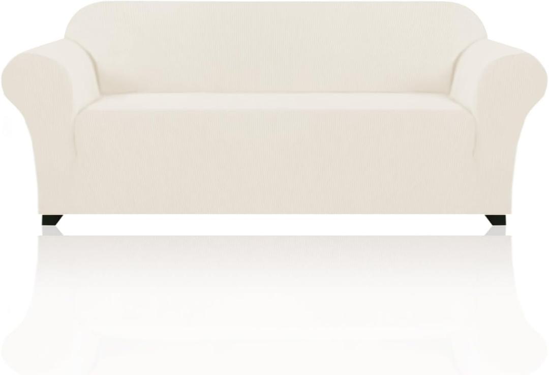 PrinceDeco Stretch Sofa Slipcover 1 Piece Sofa Cover for 3 Cushion Couch Furniture Protector/Cover Couch with Elastic Bottom Soft and Durable Sofa Cover Pet Protector (Sofa, Cream)