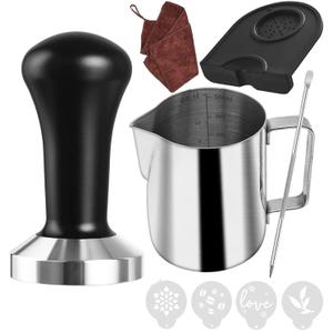 51 mm Coffee Tamper Set Coffee Press for Portafilter Machine Espresso Tamper with Tamper Mat, Frothing Pitcher (350ml/11.836oz), Barista Towel, Latte Art Pen and Decorative Stencils (Black)