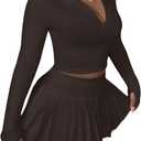SOLY HUX Women's Skirt Sets 2 Piece Outfits Long Sleeve Crop Top with Pleated Mini Skirt Set Party Outfits for Women (Large, Plain Brown)