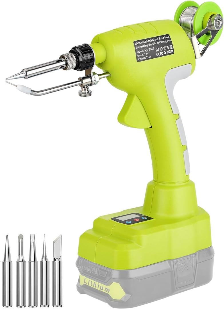 Taingwei Cordless Soldering Iron Kit for Ryobi 18v Battery,75W LED Digital Solder Iron Soldering Gun with 5pcs Tips,50g 0.04 Solder Wire for any Hobby Enthusiast (Battery not included)