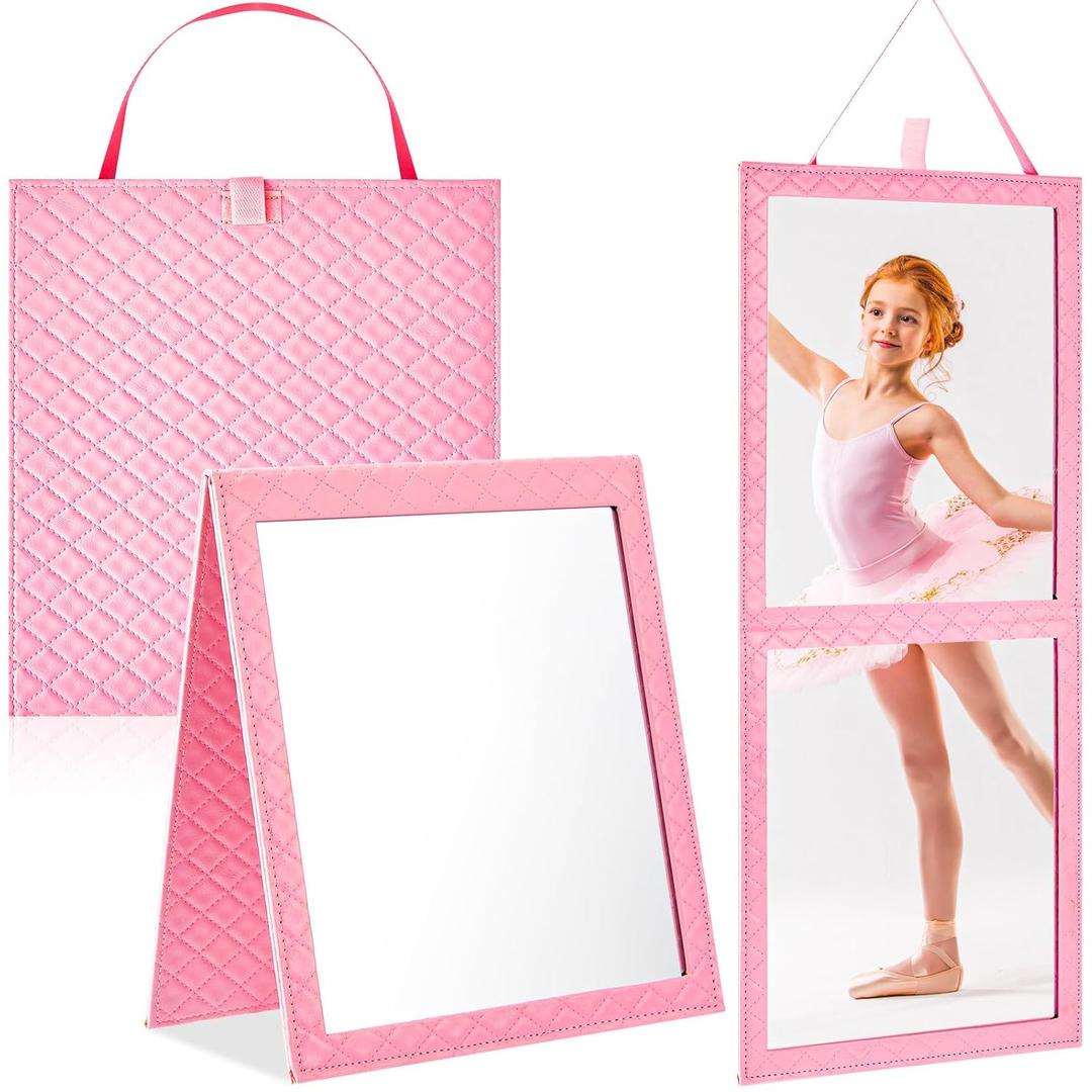 Foldable Backstage Mirror with Handle Leather Folding Hanging Mirror Rectangular for Travel Dance Bag Home Fitness Spa Gift for Dancers(Pink,33.5" L X 13.4" w)