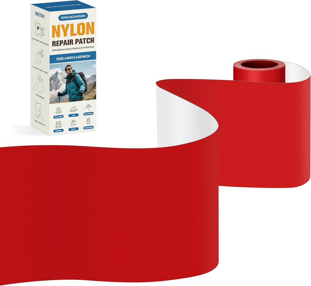 KING MOUNTAIN Self Adhesive Nylon Fabric Repair Tape, 463 Inches, Quick Down Jacket Repair Patch, Waterproof Outdoor Gear Patch Kit for Tent,Backpacks,Umbrella, Gloves, Sleeping Bag (Red)