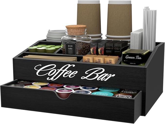 Suli Coffee Station Organizer,Extra Large Wooden Countertop Pods Holder with Drawer,Storage for Condiment Syrup Tea Cups,Rustic Bar Decor for Accessories Organizer (2 Tiers 11 Compartments)-Black