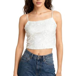 Sequin Cami Top Square Neck Sparkly Tank Top Sleeveless Party Camisole Shirts (White, S)