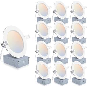 12 Pack 4 Inch LED Recessed Lighting with Junction Box, 5CCT 2700K-6000K Selectable Ceiling Light, 9W 850lm Ultra-Thin Recessed Downlight-ETL and Energy Star Certified