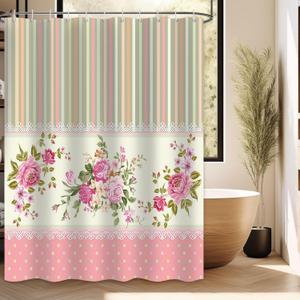 Rose Shower Curtain Spring Floral Pink Girl Bathroom Decor, Waterproof Cloth Fabric with Hooks, 60" W x 72" L