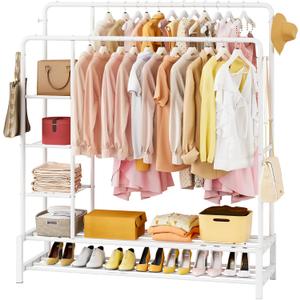 JOISCOPE 47'' * 67'' Heavy Duty Clothes Rack, Double Rods Clothing Racks for Hanging Clothes, Garment Rack with 5 Tier Closet Shelves & 4 Hooks for Clothing Storage, Metal White Clothing Rack