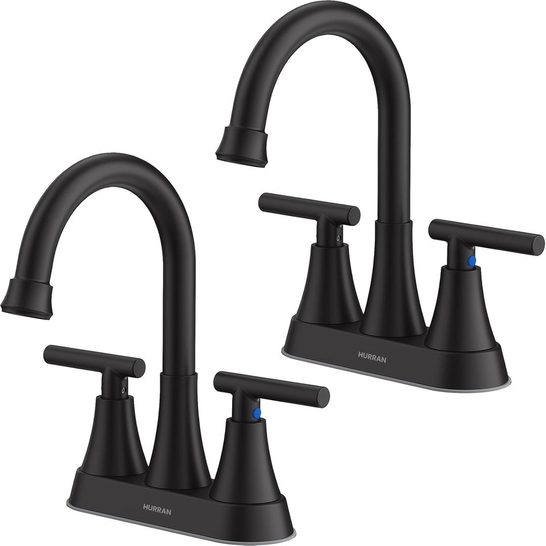 Bathroom Faucets for Sink 3 Hole, Hurran 4 inch Matte Black Bathroom Sink Faucet with Pop-up Drain and 2 Supply Hoses, Stainless Steel Lead-Free Centerset Faucet for Vanity RV, 2 Pack