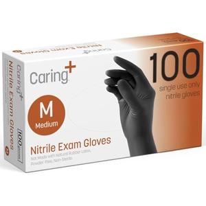 Caring Nitrile Exam Gloves, 100 Count, Powder Free and Not Made with Natural Rubber Latex, Gloves for Medical Use, Cleaning, Food Prep and More, Medium, Black