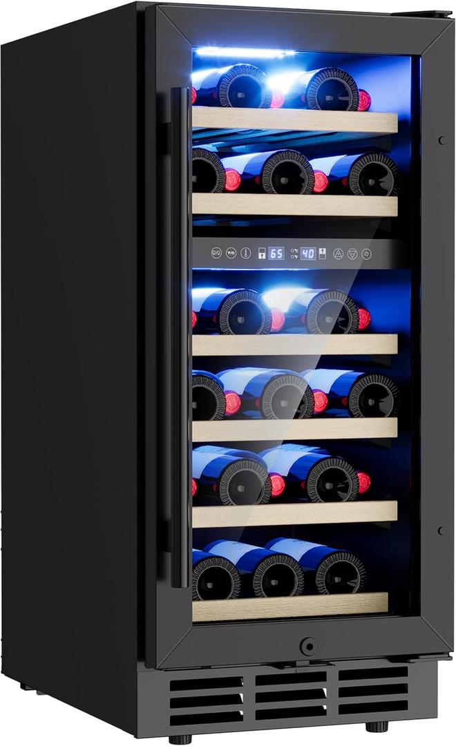 15 Inch Under Counter Refrigerator, 29 Bottle Dual Zone  Fridge for Built-In or Freestanding Use, Features Removable Shelves and Glass Door, Small Refrigerator for Home or Office (Black)