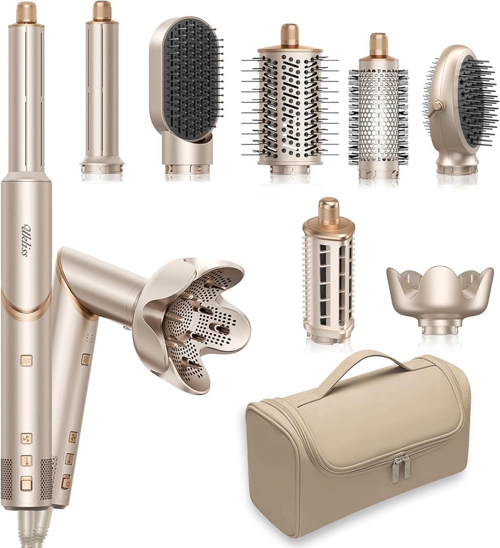 Ukliss 8 in 1 Hair Dryer Brush & Multi Hot Air StylerFoldable 110,000 RPM Blow Dryer Brush Tool Set with Diffuser Auto-Wrap Curler for Fast Drying Curling Straightening Hair Daily Styling (1.25'' With Storage Bag)