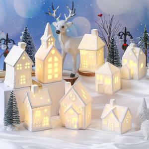 Wesiti 28 Pcs Ceramic LED White Christmas Village Set Include 8 LED White Christmas Village Houses 18 Xmas Trees 2 Lamp Post Scenes Decor Xmas Figurine Decoration Tabletop Mantel Shelf(Classic)