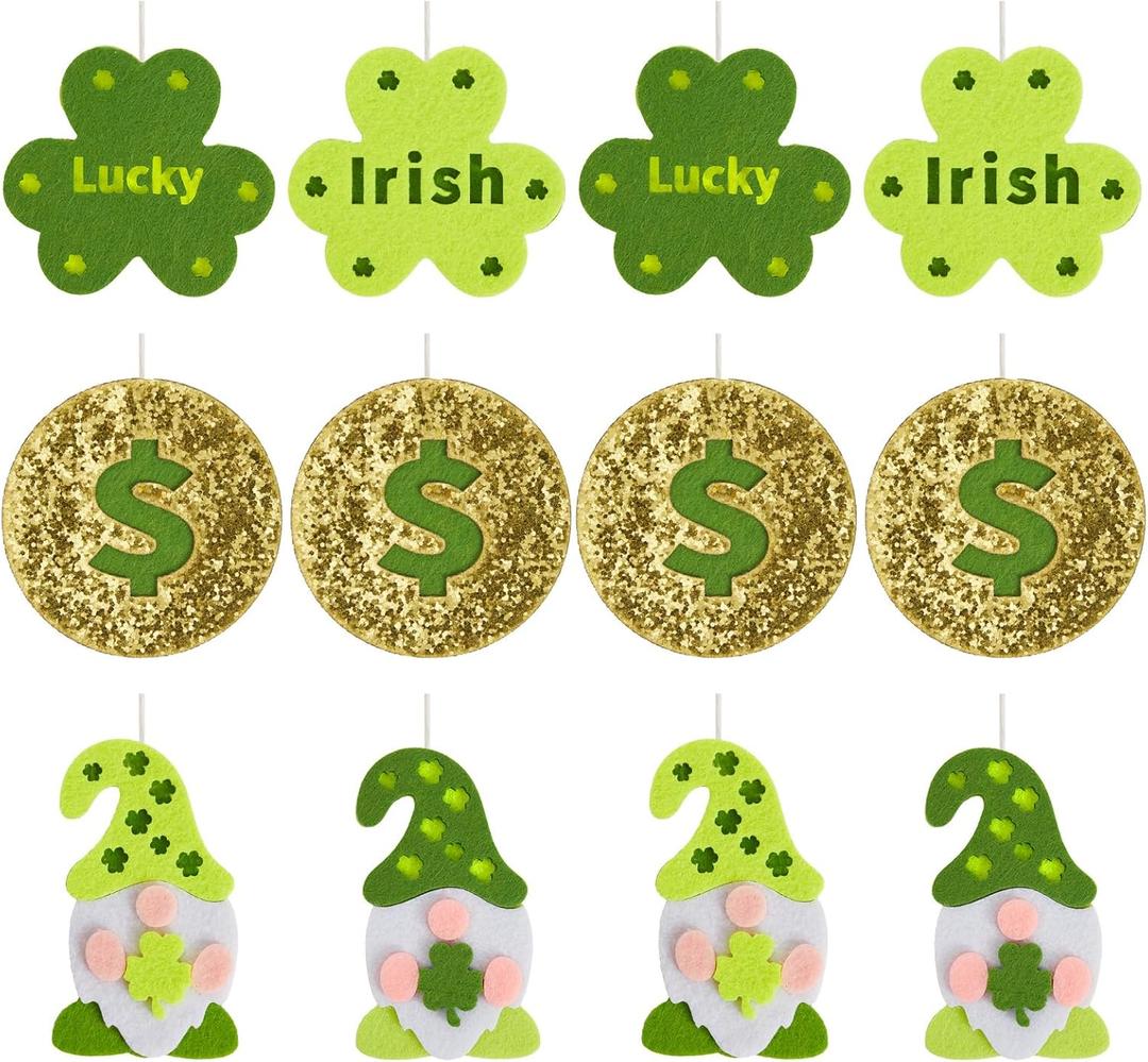 WDS WONDROUS St Patricks Day Ornaments 12-Piece Set, Felt Lucky Shamrock Irish Gnome Gold Coin Decorations with Hanging Strings for Christmas Tree Home Party Spring Decor