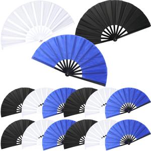 Beeveer 15 Pcs Large Folding Hand Fan for Line Dancing Chinese Kung Fu Tai Chi Clap Raves Fans for Men and Women Festival Dance Wedding Party (White,Blue,Black)