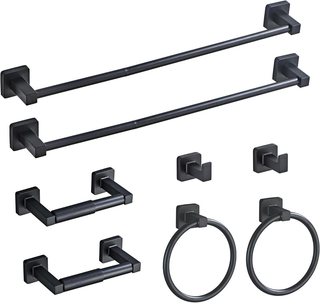 Matte Black Bathroom Hardware Set 8 Pieces,Towel Bar Set Stainless Steel Wall Mounted, Includes 23.6In Hand Towel Bar, Towel Ring, Robe Towel Hooks,Toilet Paper Holder, Bathroom Towel Rack Set