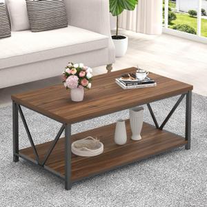 FOLUBAN Coffee Table, Modern Center Table with Storage Shelf, Rustic Wood and Metal Cocktail Table for Living Room, 39.3 Inch Walnut
