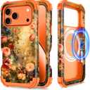 Hekodonk for iPhone 17 Pro Max Case Magnetic,[Compatible with MagSafe] Floral Three Layer Heavy Duty Drop Shockproof Full Protective Women Girls Case for Apple iPhone 17 Pro Max 6.9 inch,Orange