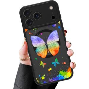 MZELQ Magnetic Case for iPhone 17 Pro Max 6.9 Inch, Clear Butterfly [Compatible with Magsafe Charging] Translucent Matte Hard Shockproof Camera Protection Cover for Women Men, Frosted Black