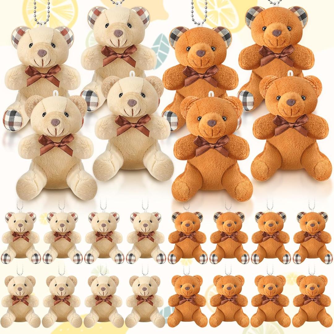 HyDren 24 Pcs Mini Bear Stuffed Animal 4 Inch Small Soft Tiny Bear Ornaments Bulk Animal Doll Keychain DIY Crafts for Birthday Gifts Baby Shower Party Favor Decor(Light Brown, Dark Brown)