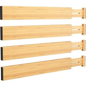 BAMEOS Drawer Divider,Expandable Bamboo Separators Adjustable Utensil Knife Fork Tool Kitchen Organizer, Clothes Fabric Drawer Organizer In Bathroom Bedroom Office, Cabinet Dresser Organizer 4-pack (2''H, 13.3''-19''L, Natural)