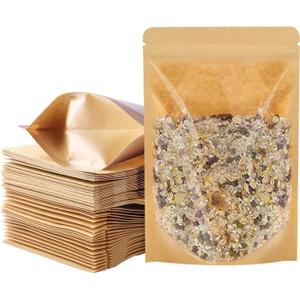 100 PCS Stand Up Pouches, 4 x 6 inch Kraft Paper Food Bags with Clear Window, Reusable Zipper Food Storage Bags Resealable Pouches for Foods, Coffee Beans, Snacks