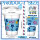 60 Sets Tropical Hawaii Birthday Party Decorations, 14 oz Disposable Plastic Cups with Lids and Straws, Alien Cartoon Summer Palm Leaves Luau Hibiscus Party Favors Drink Coffee Supplies